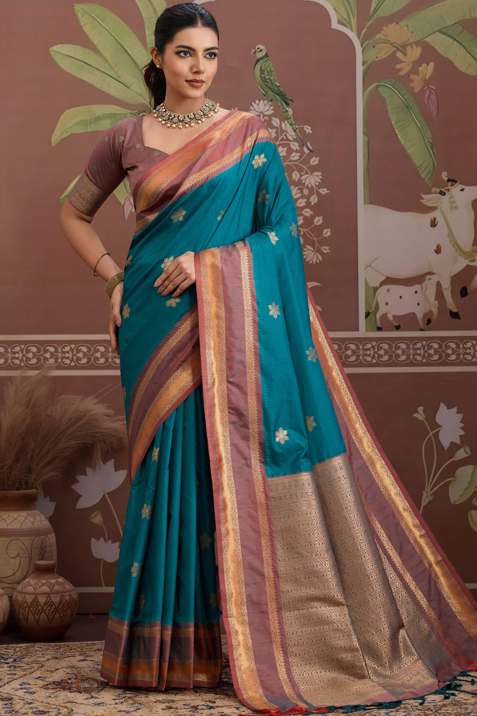 Incredible Blue Banarasi Tussar Silk Saree With Grandiose Blouse Piece